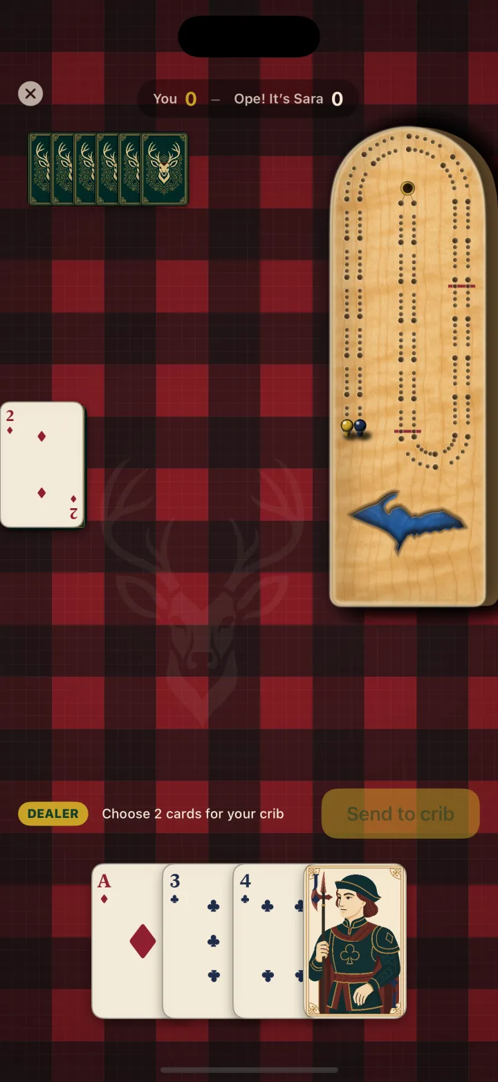 A fresh Camp Cribbage deal with the maple U.P. board, six cards, and dealer marker