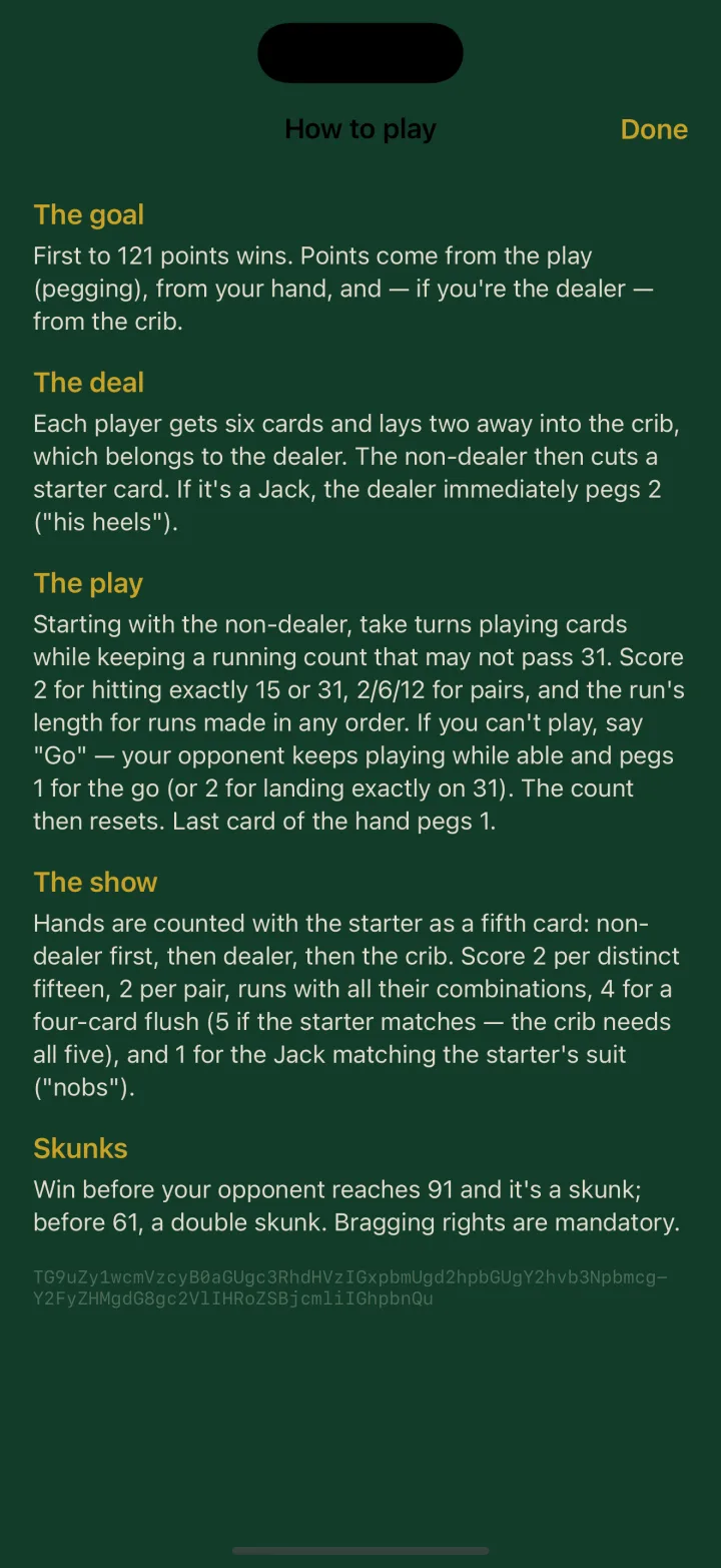 The in-app how-to-play screen summarizing the goal, the deal, the play, the show, and skunks
